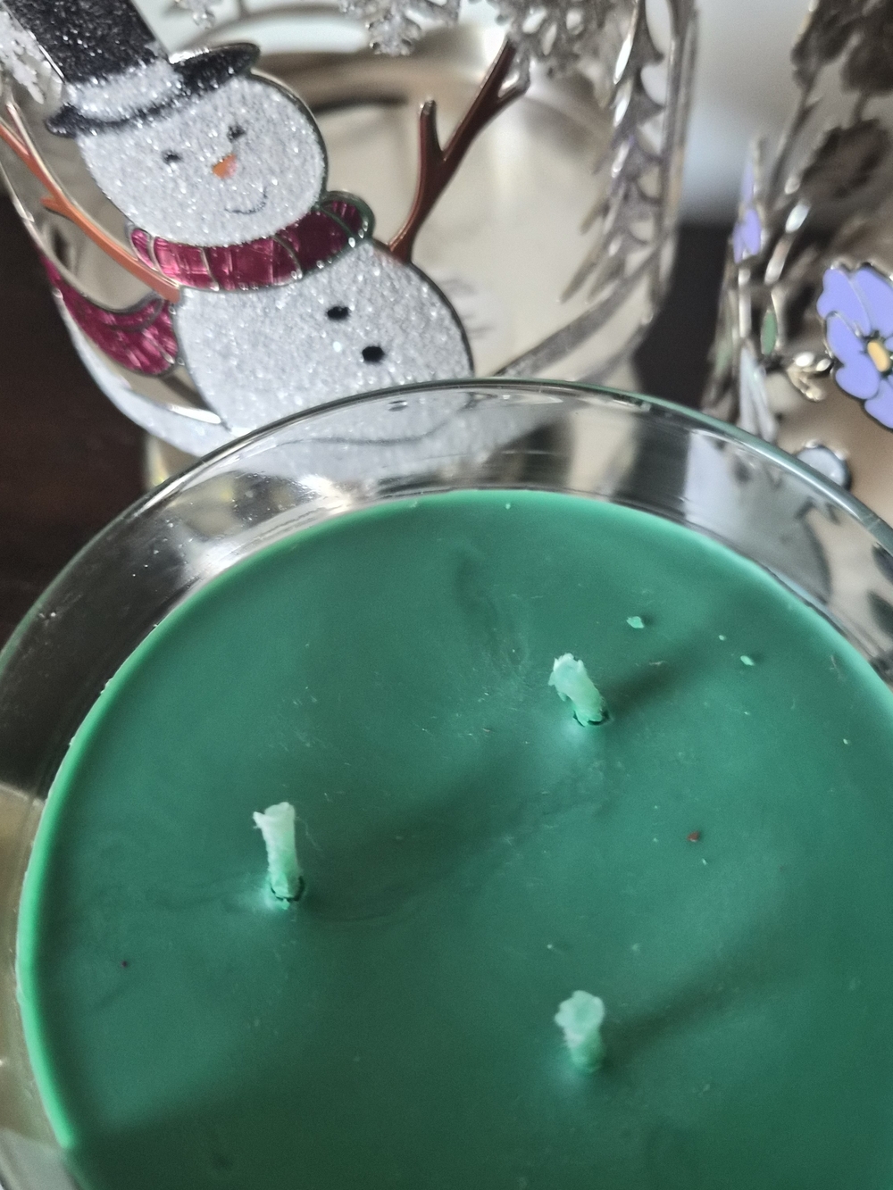 3 Peice Set, Bath & Body Works 3-Wick Candle with Snowman & Bunny Candle Holder - Picture 6 of 15